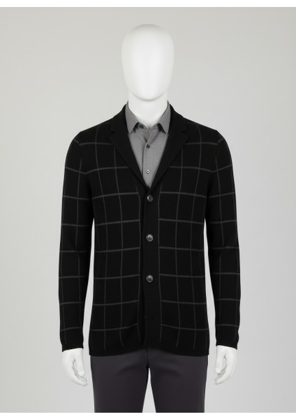 Erkek Kareli Desenli Triko Ceket Hırka Siyah fırsatları