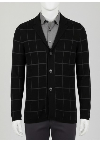 Erkek Kareli Desenli Triko Ceket Hırka Siyah indirimleri