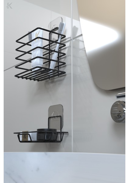 Paslanmaz Metal Banyo Duvar Organizeri - Yapışkanlı Diş Fırçalık ve Sabunluk Seti - 2'li Süper Set