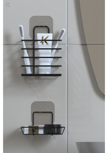 Paslanmaz Metal Banyo Duvar Organizeri - Yapışkanlı Diş Fırçalık ve Sabunluk Seti - 2'li Süper Set fırsatları