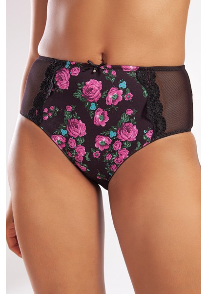 Gardenia Control Slip, Kadın Dantelli Çiçek Baskılı Siyah Yüksek Bel Külot