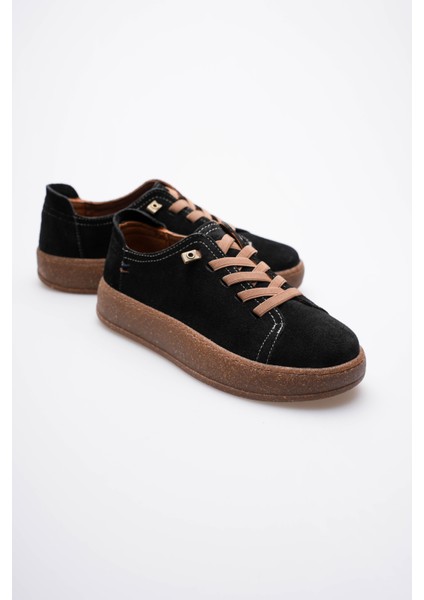 Kadın Hakiki Süet Sneaker Comfort Tabanlı Lastik Bağcıklı Günlük Ayakkabı Siyah Navel