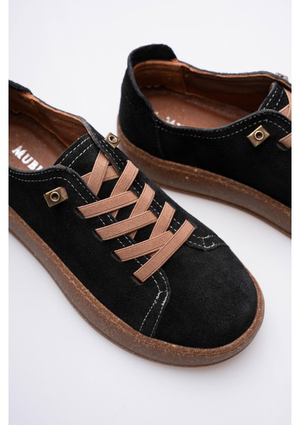 Kadın Hakiki Süet Sneaker Comfort Tabanlı Lastik Bağcıklı Günlük Ayakkabı Siyah Navel fırsatları