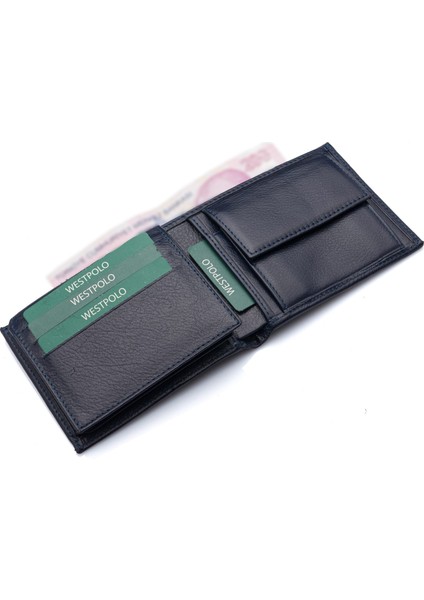 Hakiki Deri Kağıt Para, Bozuk Para ve Bol Kart Bölmeli Erkek Cüzdanı - Lacivert modelleri