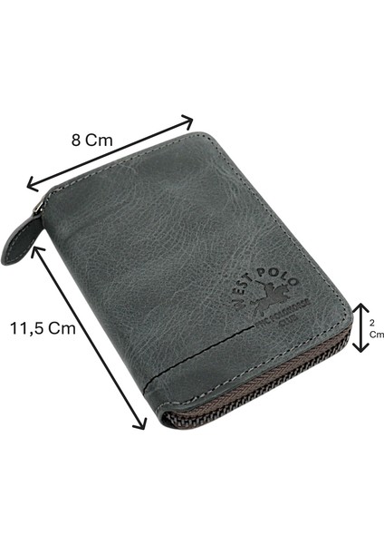 Hakiki Eskitme Deri Kağıt Para ve Bol Kart Bölmeli Fermuarlı Unisex Cüzdan - Gri