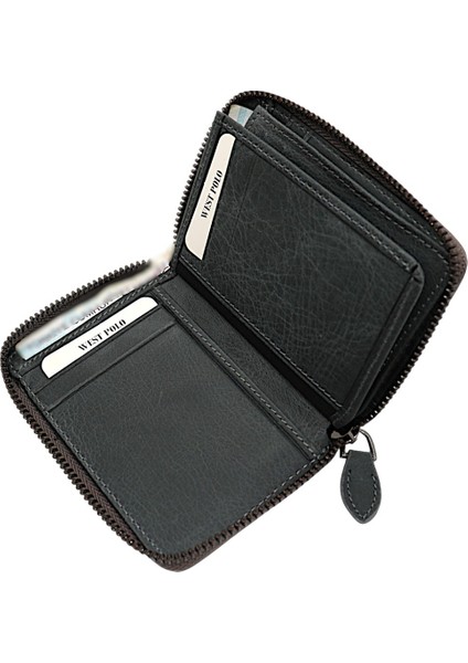 Hakiki Eskitme Deri Kağıt Para ve Bol Kart Bölmeli Fermuarlı Unisex Cüzdan - Gri modelleri