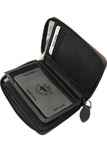 Hakiki Eskitme Deri Kağıt Para ve Bol Kart Bölmeli Fermuarlı Unisex Cüzdan - Gri indirimleri