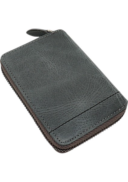 Hakiki Eskitme Deri Kağıt Para ve Bol Kart Bölmeli Fermuarlı Unisex Cüzdan - Gri