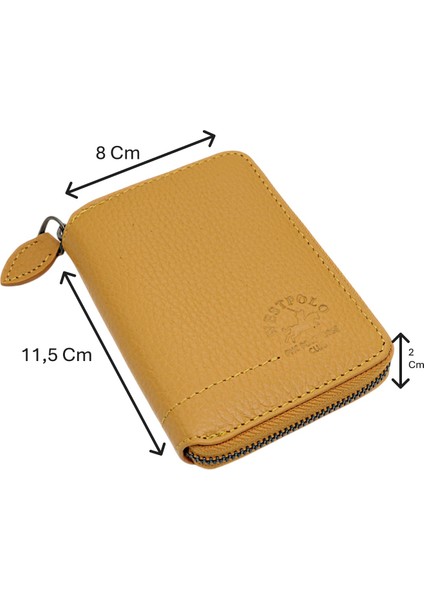 Hakiki Deri Kağıt Para ve Bol Kart Bölmeli Fermuarlı Unisex Cüzdan - Hardal