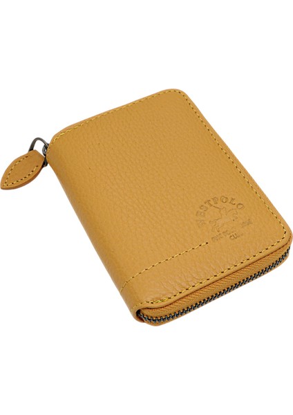 Hakiki Deri Kağıt Para ve Bol Kart Bölmeli Fermuarlı Unisex Cüzdan - Hardal fiyatları