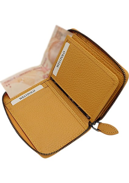Hakiki Deri Kağıt Para ve Bol Kart Bölmeli Fermuarlı Unisex Cüzdan - Hardal modelleri