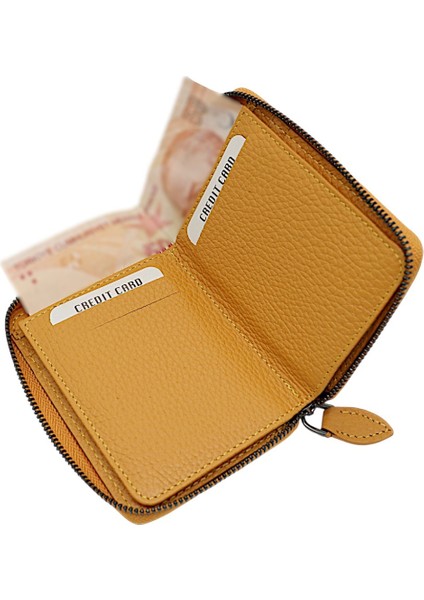 Hakiki Deri Kağıt Para ve Bol Kart Bölmeli Fermuarlı Unisex Cüzdan - Hardal fırsatları