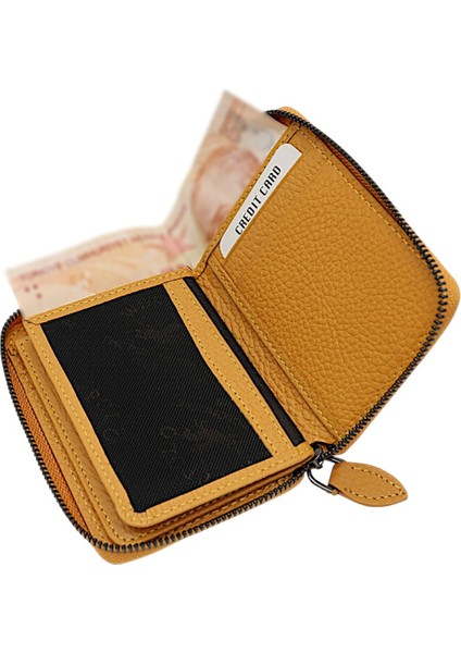 Hakiki Deri Kağıt Para ve Bol Kart Bölmeli Fermuarlı Unisex Cüzdan - Hardal indirimleri