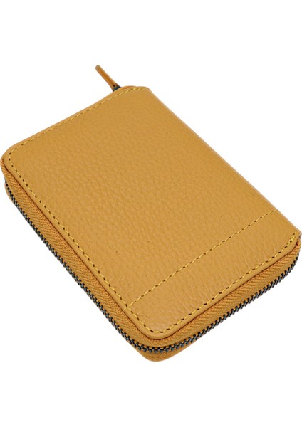 Hakiki Deri Kağıt Para ve Bol Kart Bölmeli Fermuarlı Unisex Cüzdan - Hardal