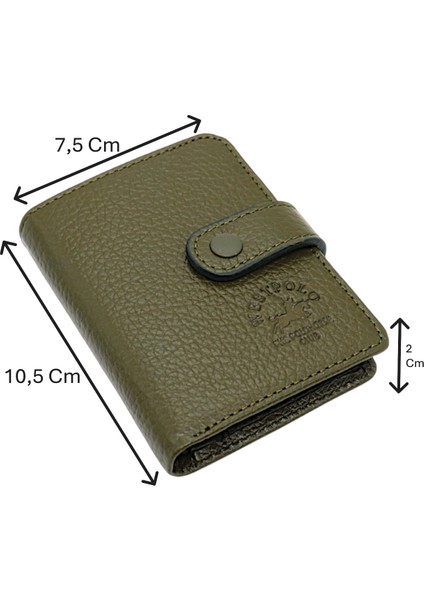 Hakiki Deri Kağıt Para ve Şeffaf Bol Kart Bölmeli Patlı Unisex Kartlık Cüzdan - Haki