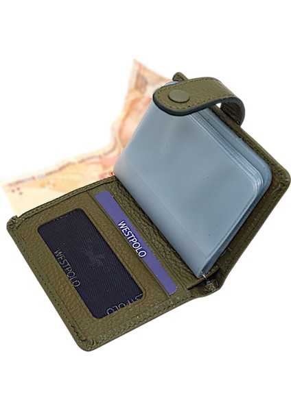 Hakiki Deri Kağıt Para ve Şeffaf Bol Kart Bölmeli Patlı Unisex Kartlık Cüzdan - Haki modelleri