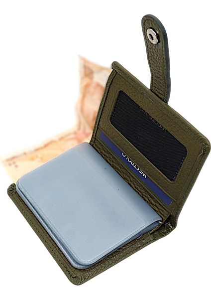 Hakiki Deri Kağıt Para ve Şeffaf Bol Kart Bölmeli Patlı Unisex Kartlık Cüzdan - Haki indirimleri