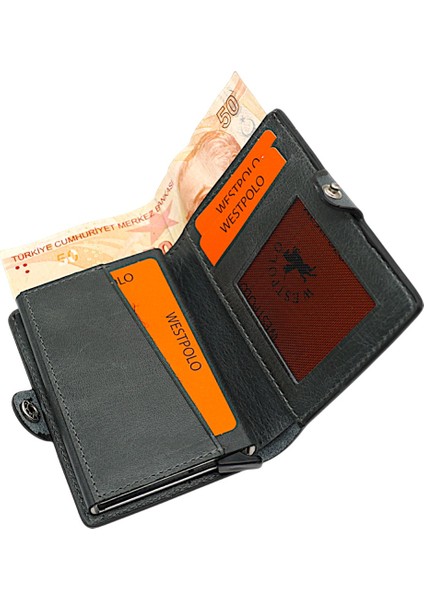 Hakiki Eskitme Deri Bozuk Para Bölmeli ve Mekanizmalı Unisex Cüzdan - Siyah modelleri