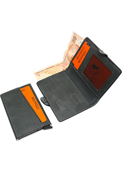 Hakiki Eskitme Deri Bozuk Para Bölmeli ve Mekanizmalı Unisex Cüzdan - Siyah fırsatları