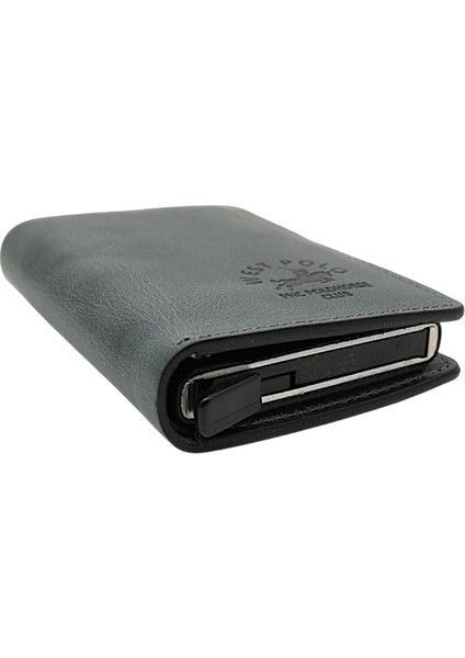Hakiki Eskitme Deri Bozuk Para Bölmeli ve Mekanizmalı Unisex Cüzdan - Siyah