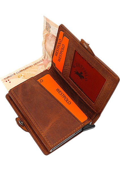 Hakiki Eskitme Deri Bozuk Para Bölmeli ve Mekanizmalı Unisex Cüzdan - Taba modelleri