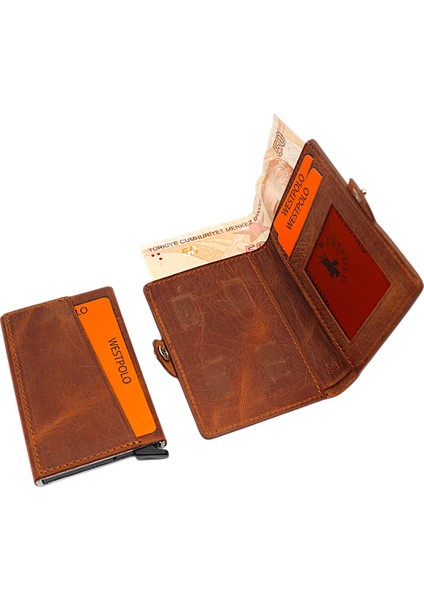 Hakiki Eskitme Deri Bozuk Para Bölmeli ve Mekanizmalı Unisex Cüzdan - Taba fırsatları