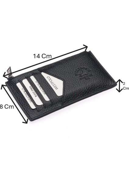 Hakiki Deri Fermuarlı Unisex Kartlık - Siyah