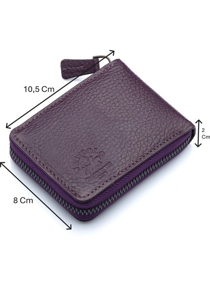 Hakiki Deri Kağıt Para ve Bol Şeffaf Kart Bölmeli, Fermuarlı Unisex Kartlık - Mürdüm