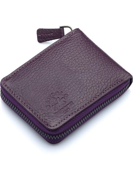 Hakiki Deri Kağıt Para ve Bol Şeffaf Kart Bölmeli, Fermuarlı Unisex Kartlık - Mürdüm fiyatları