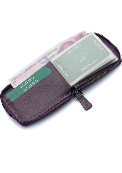 Hakiki Deri Kağıt Para ve Bol Şeffaf Kart Bölmeli, Fermuarlı Unisex Kartlık - Mürdüm modelleri