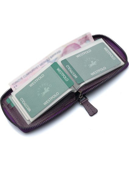 Hakiki Deri Kağıt Para ve Bol Şeffaf Kart Bölmeli, Fermuarlı Unisex Kartlık - Mürdüm fırsatları