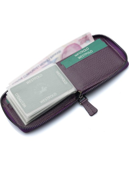 Hakiki Deri Kağıt Para ve Bol Şeffaf Kart Bölmeli, Fermuarlı Unisex Kartlık - Mürdüm indirimleri