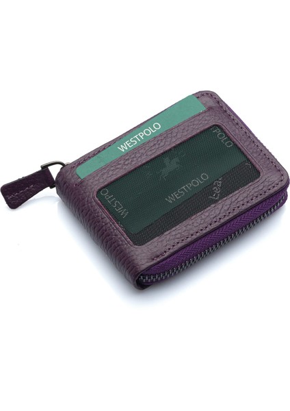 Hakiki Deri Kağıt Para ve Bol Şeffaf Kart Bölmeli, Fermuarlı Unisex Kartlık - Mürdüm