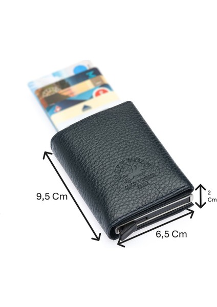 Mories Unisex Hakiki Guti Deri Kağıt Para Bölmeli ve Mekanizmalı Cüzdan Kartlık - Lacivert