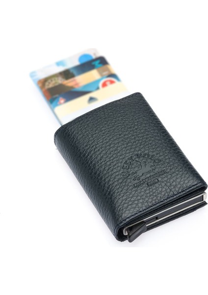 Mories Unisex Hakiki Guti Deri Kağıt Para Bölmeli ve Mekanizmalı Cüzdan Kartlık - Lacivert fiyatları