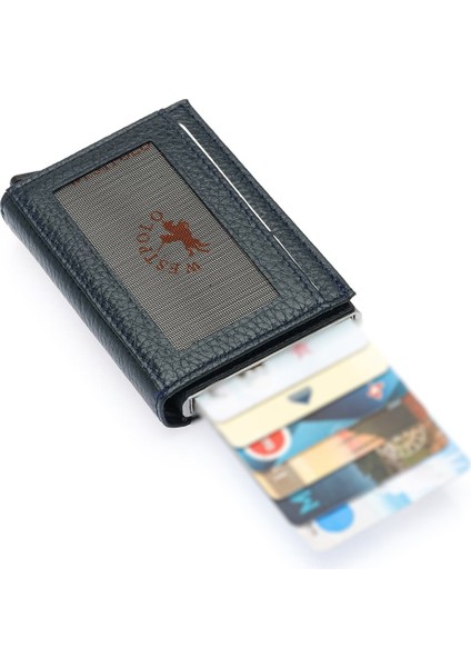 Mories Unisex Hakiki Guti Deri Kağıt Para Bölmeli ve Mekanizmalı Cüzdan Kartlık - Lacivert