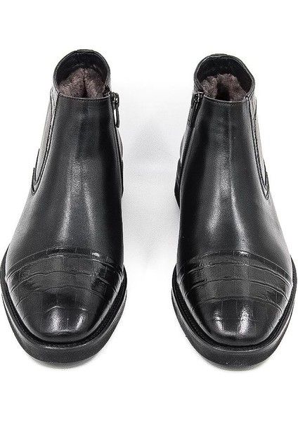 028800-54 Kürklü-Fermuarlı Kösele Klasik Bot - Siyah Croco Deri fiyatları