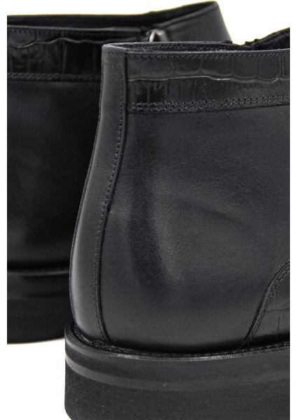 028800-54 Kürklü-Fermuarlı Kösele Klasik Bot - Siyah Croco Deri fırsatları