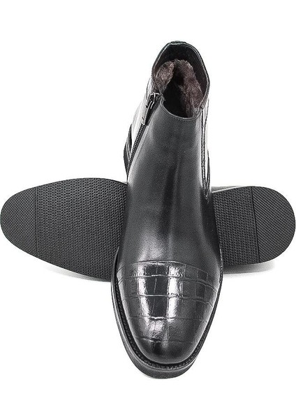 028800-54 Kürklü-Fermuarlı Kösele Klasik Bot - Siyah Croco Deri indirimleri