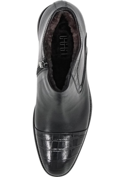 028800-54 Kürklü-Fermuarlı Kösele Klasik Bot - Siyah Croco Deri