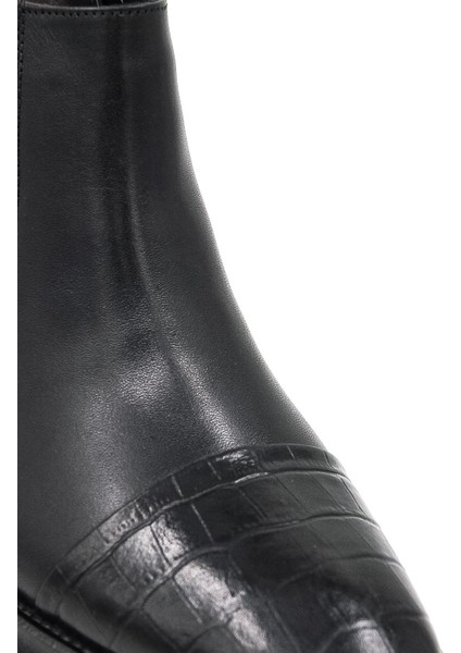 028800-54 Kürklü-Fermuarlı Kösele Klasik Bot - Siyah Croco Deri