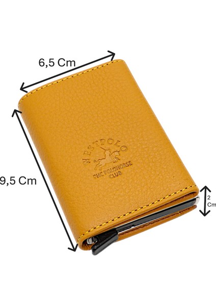 Mories Unisex Hakiki Guti Deri Kağıt Para Bölmeli ve Mekanizmalı Cüzdan Kartlık - Sarı