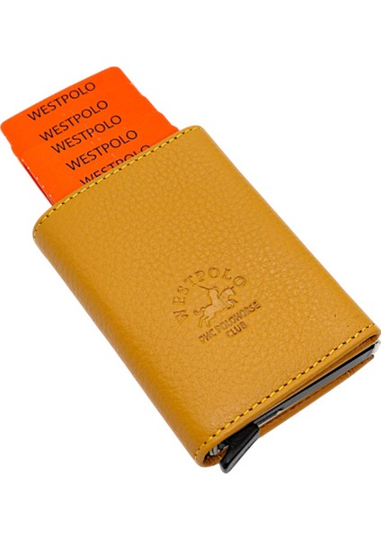 Mories Unisex Hakiki Guti Deri Kağıt Para Bölmeli ve Mekanizmalı Cüzdan Kartlık - Sarı modelleri