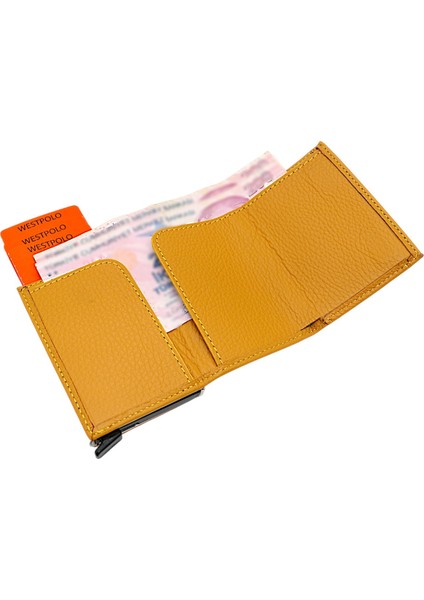 Mories Unisex Hakiki Guti Deri Kağıt Para Bölmeli ve Mekanizmalı Cüzdan Kartlık - Sarı fırsatları