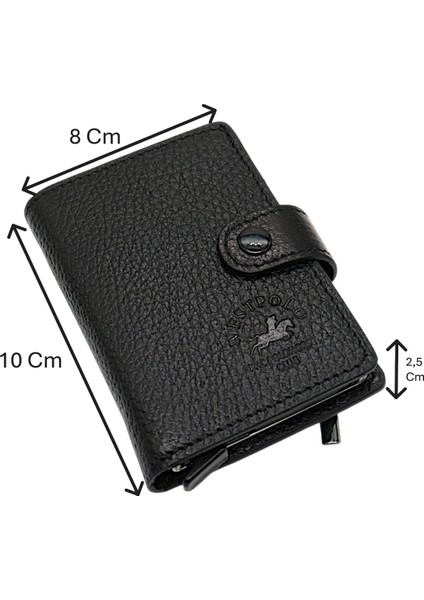 Grimm Bozuk Para ve Bol Kart Bölmeli Unisex Hakiki Deri Mekanizmalı Kartlık - Siyah