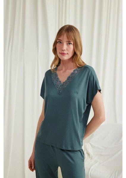 Monamise Kısa Kollu V Yakalı Dantelli Pijama Takımı