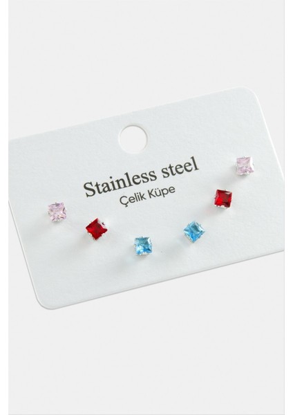 6 Adet Kare Renkli Zirkon Tek Taşlı Çelik Küpe