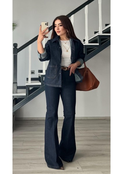 Lacivert Likralı Ispanyol Paça Jean modelleri