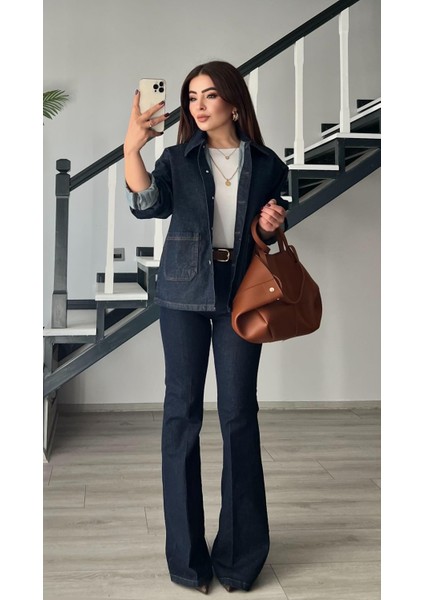 Lacivert Likralı Ispanyol Paça Jean