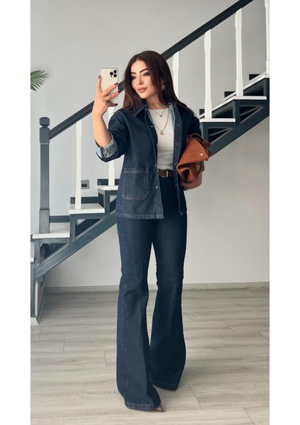 Lacivert Likralı Ispanyol Paça Jean